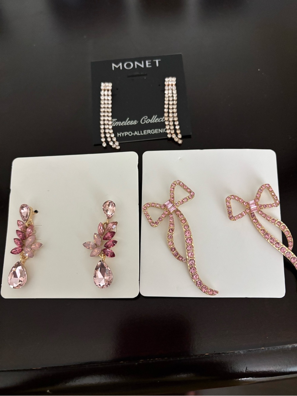 Monet Pink Crystal Bow and Teardrop Earring Trio
